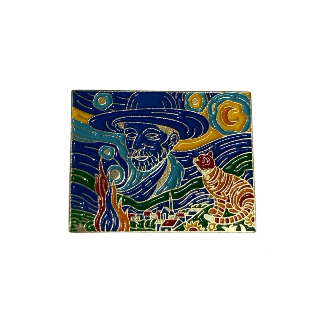 New Van Gogh & Cat Enamel Pin with Starry Night Style Scene